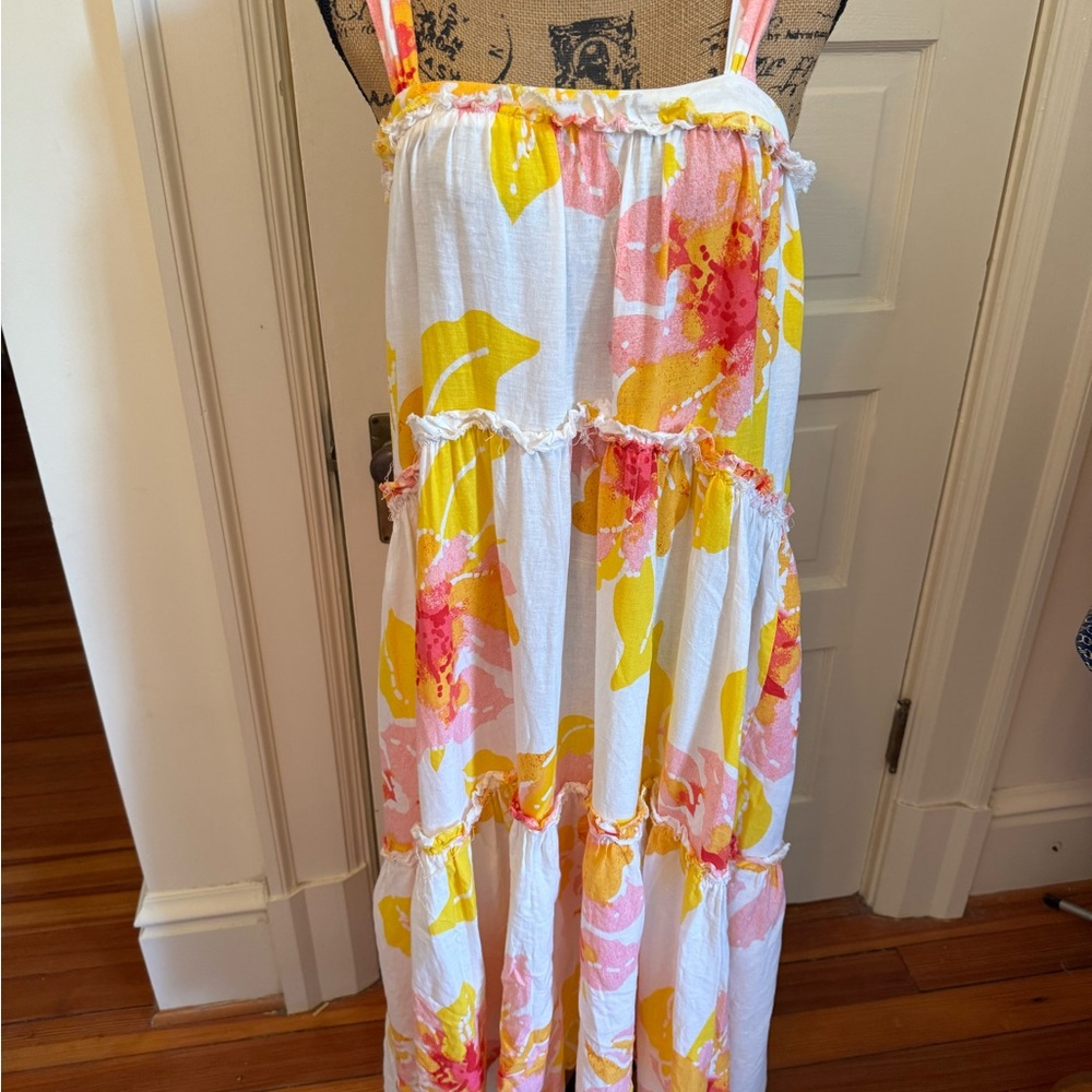 Free People Linen Blend Pastel Floral Ruffle Maxi Dress XS